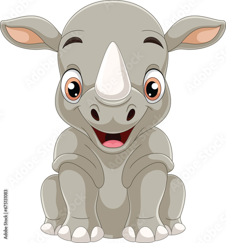 Cartoon funny rhino sitting on white background