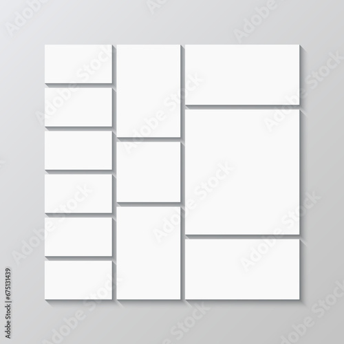 Scrapbook template. Moodboard grid. Album brandboard. Portfolio images mockup. Mosaic picture frame. Photo collage square layout. Mood board background. Gallery banner. Vector illustration