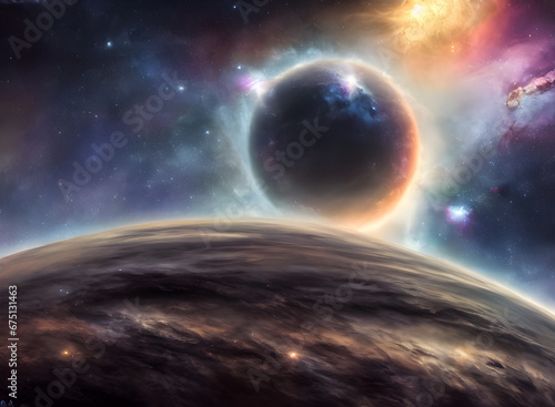 AI generated illustration of a planet in the outer space with vista starry scene