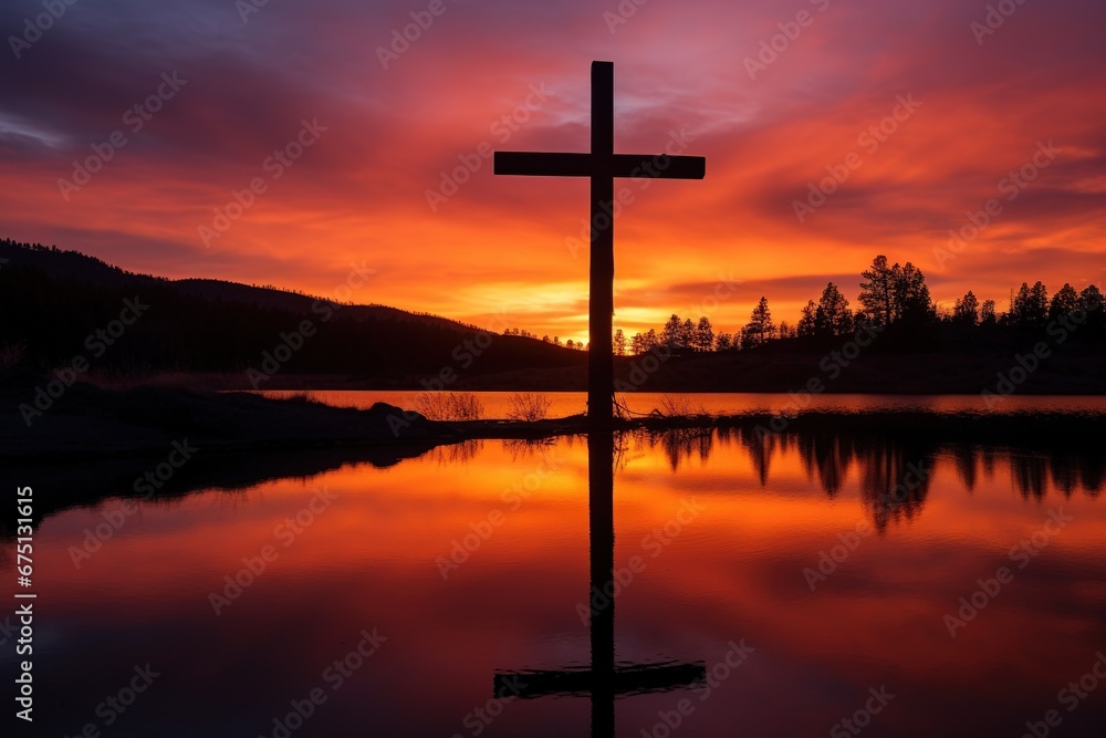 Concept or conceptual wood cross or religion symbol shape over a sunset sky background banner Concept or conceptual wood cross or religion symbol shape over a sunset sky background banner