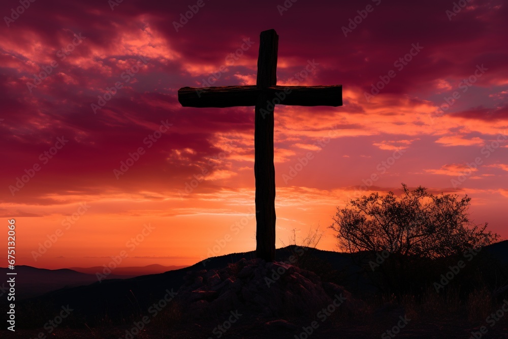 Concept or conceptual wood cross or religion symbol shape over a sunset sky background banner Concept or conceptual wood cross or religion symbol shape over a sunset sky background banner