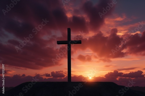 Concept or conceptual wood cross or religion symbol shape over a sunset sky background banner