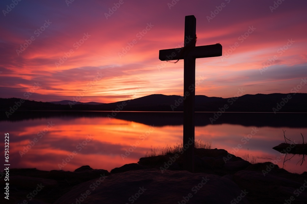 Concept or conceptual wood cross or religion symbol shape over a sunset sky background banner