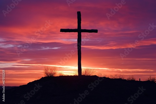 Concept or conceptual wood cross or religion symbol shape over a sunset sky background banner