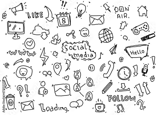 Outline social media doodle. Simple draw sketch set. for Messenger
