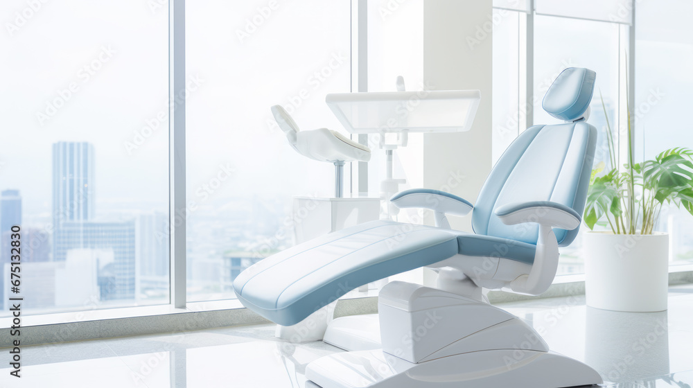 Fototapeta premium Dental teeth whitening office. Modern equipment. Gray chair. Ai generative.