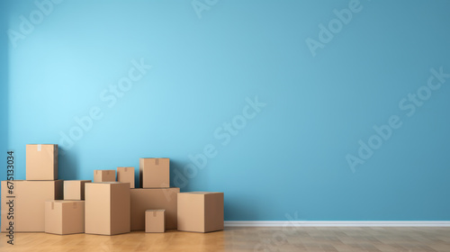 Cardboard boxes in empty room interior, relocation concept. Sunlight big windows. Empty blue mock up copy space wall. Move to new home. Ai generative photo