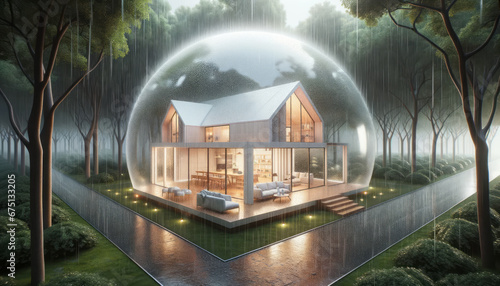 House protected by transparent sphere from natural disaster flood and rain. Insurance and safety concept. Ai generative. photo