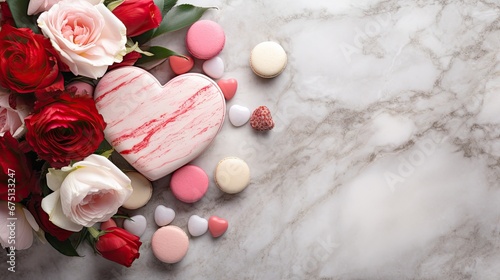  a heart shaped cake surrounded by flowers on a white marble surface with red and pink hearts on the side of the cake.  generative ai