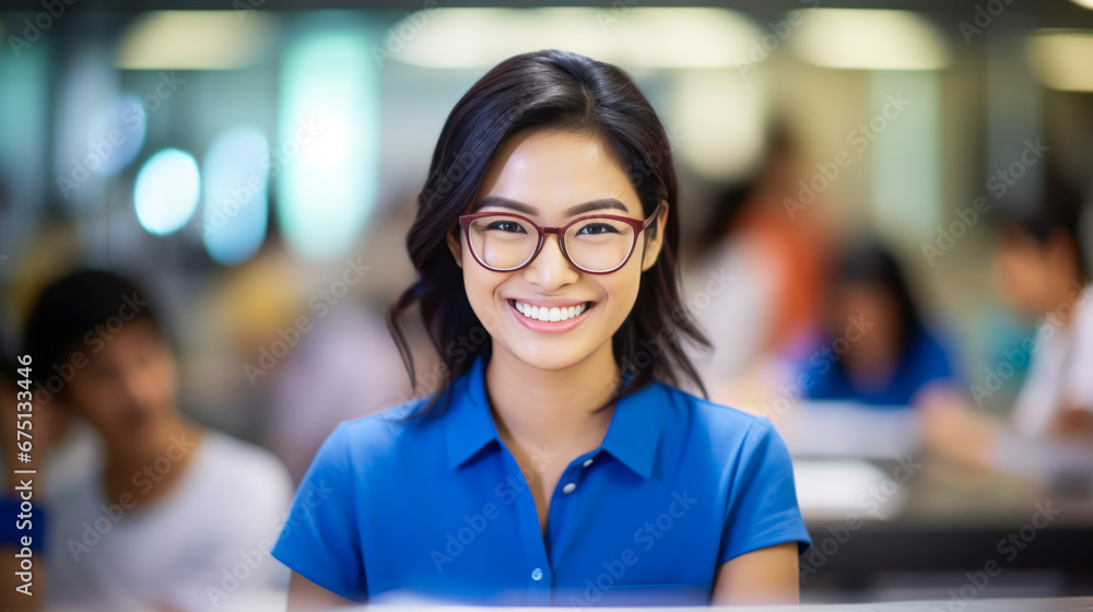Fototapeta premium Portrait of Beautiful Asian woman wears glasses with stylish hair. Businesswoman looks at the camera and smiles. Office background. copy space. Ai generative.