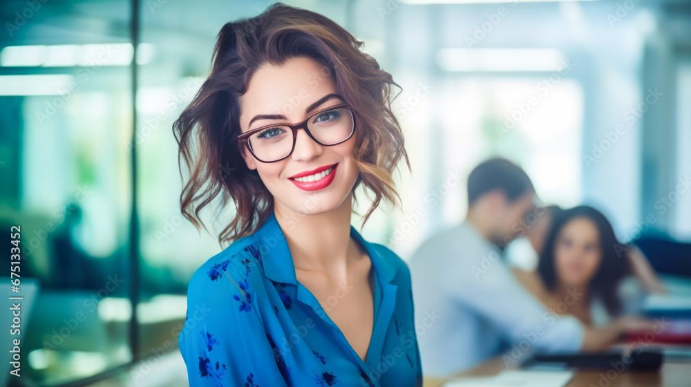 Portrait of Beautiful pretty woman wears glasses with stylish hair. Businesswoman looks at the camera and smiles. Copy space Office background. Ai generative. Portrait of Beautiful pretty woman wears glasses with stylish hair. Businesswoman looks at the camera and smiles. Copy space Office background. Ai generative.