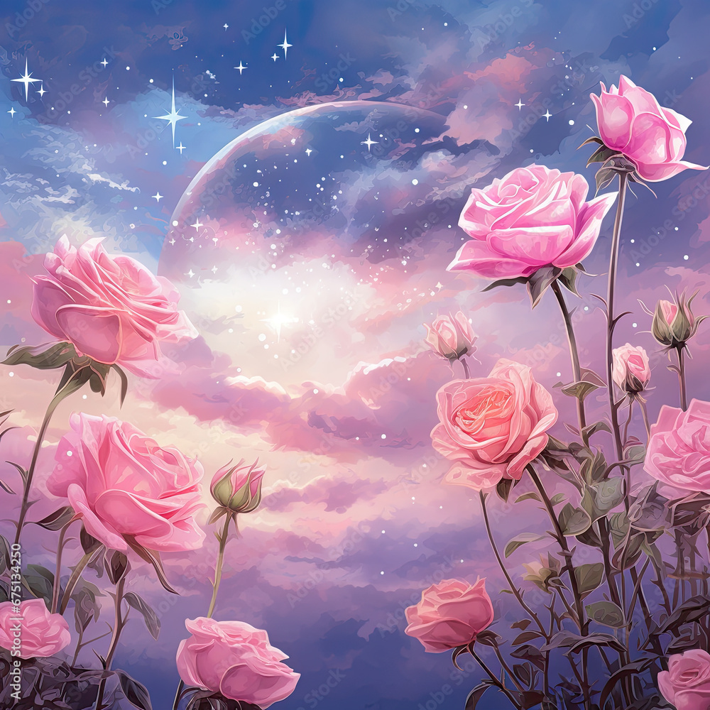 Obraz premium Fantasy magical morning or evening sky with fabulous romantic pink rose flowers garden, shining stars and mysterious clouds Illustration, Generative Ai