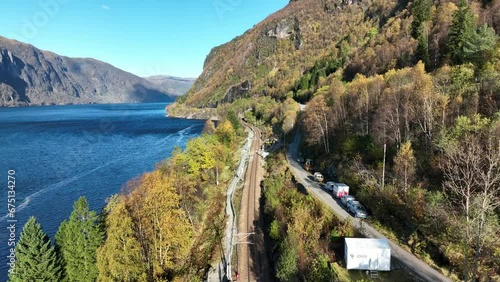 Aerial above scenic Bergensbanen railway between Vaksdal and Stanghelle, Norway photo