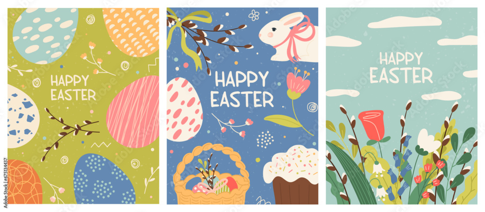 Happy Easter greeting card cute design isolated set