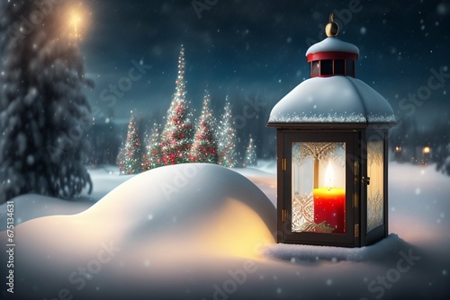Christmas Lantern On Snow With decorations. New Year s card