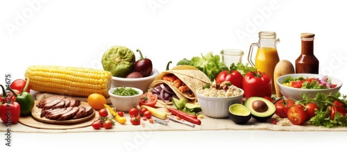 A delicious Mexican dinner meal is set against the white background of an isolated street showcasing vibrant vegetables succulent meats and corn at the forefront all sourced from Mexico s na