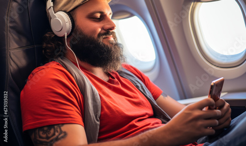 In-Flight Leisure: Young Traveler Browsing Network and Listening to Music