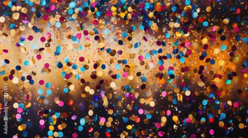 A festive and colorful party with flying neon confetti on a golden background