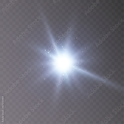 White glowing light explodes on a transparent background. Bright Star. Transparent shining sun, bright flash. Vector graphics. 
