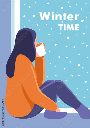 Winter time. Concept of vacation and travel. Young woman drinks coffee sitting on a windowsill. Vector illustration for mobile and web graphics.