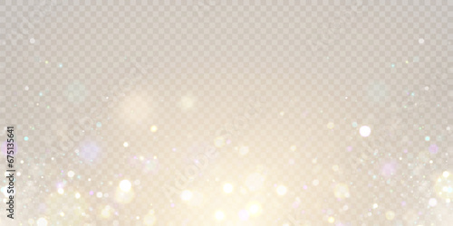 Gold dust light bokeh. Christmas glowing bokeh and glitter overlay texture for your design on a transparent background. Golden particles abstract vector background. 