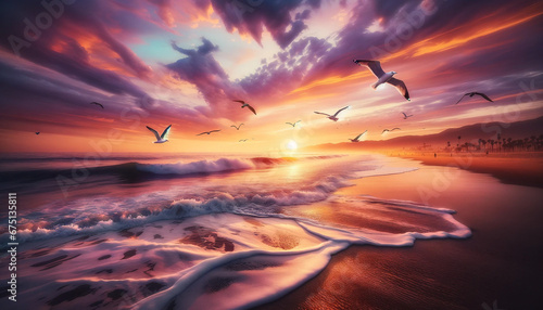 birds flying over a beach at sunset 