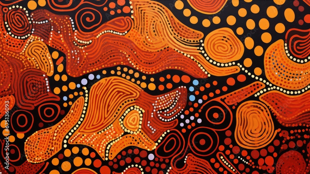 Naklejka premium a painting of orange and red swirls and dots on a black background with a white dot in the middle of the painting. generative ai