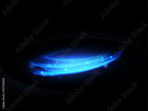 Light imitation of line movement. Abstract vector blue light lines swirling in a spiral. Light mark from the ring. Illuminated podium for advertising products.