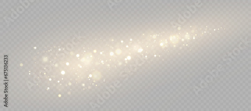 Gold dust light bokeh. Christmas glowing bokeh and glitter overlay texture for your design on a transparent background. Golden particles abstract vector background. 