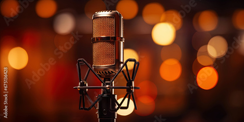 Closeup of professional microphone with dark bokeh light backdrop. Karaoke or concert concept. Generative AI