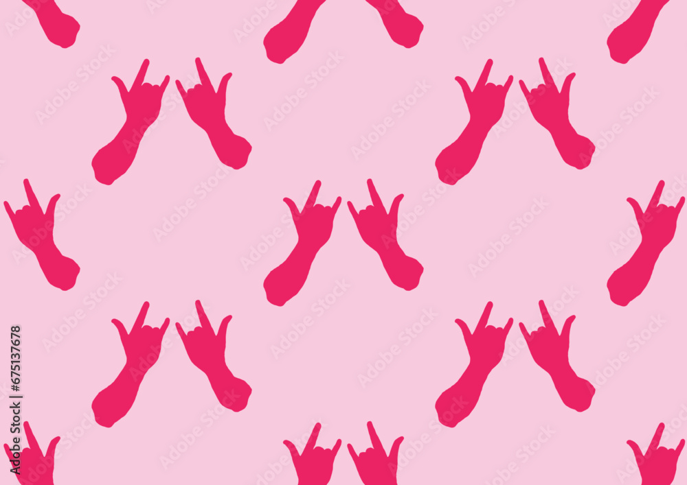 Fototapeta premium Seamless pattern in the shape of fingers showing love. Arranged alternately on a pink background.