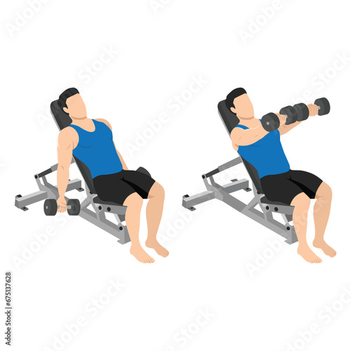 Man doing Front incline dumbbell raise exercise. Flat vector illustration isolated on white background
