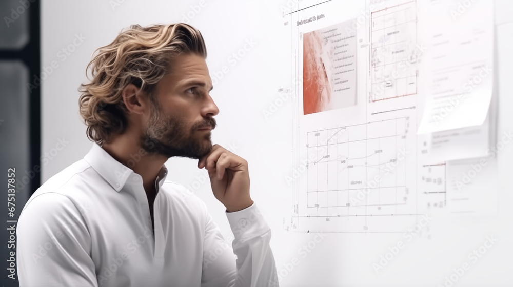 A German male architect looks to the left in a thinking pose A German male architect looks to the left in a thinking pose