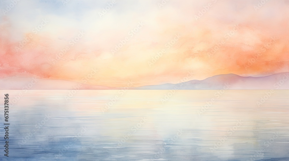  a painting of a sunset over a large body of water with mountains in the distance and clouds in the sky.  generative ai