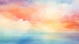  a watercolor painting of a sunset over a body of water with a boat in the foreground and clouds in the background.  generative ai