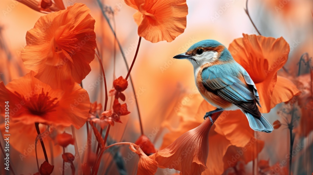  a blue bird sitting on a branch in a field of orange flowers with a blurry sky in the background.  generative ai