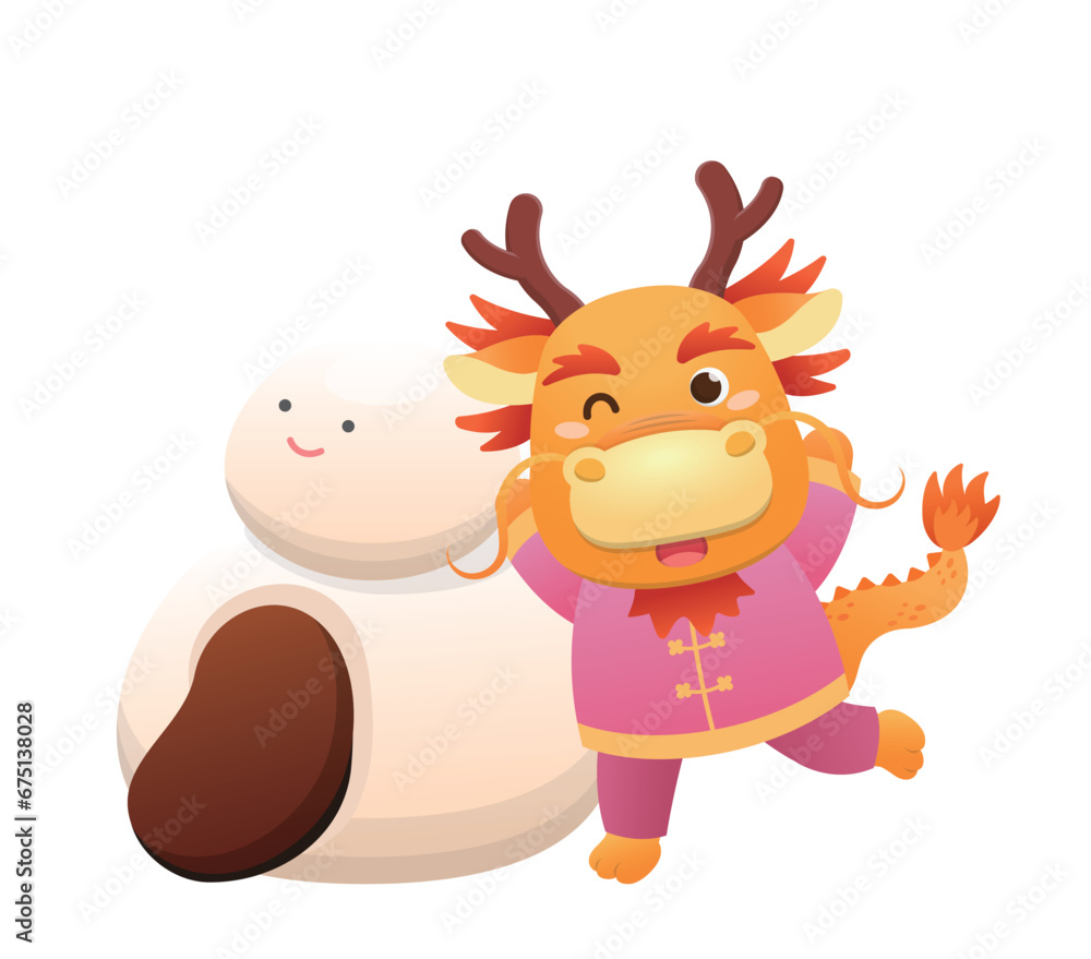 Obraz premium Cute and playful dragon character or mascot with glutinous rice balls for Lantern Festival or Winter Solstice, Asian sticky rice sweet food, vector cartoon style