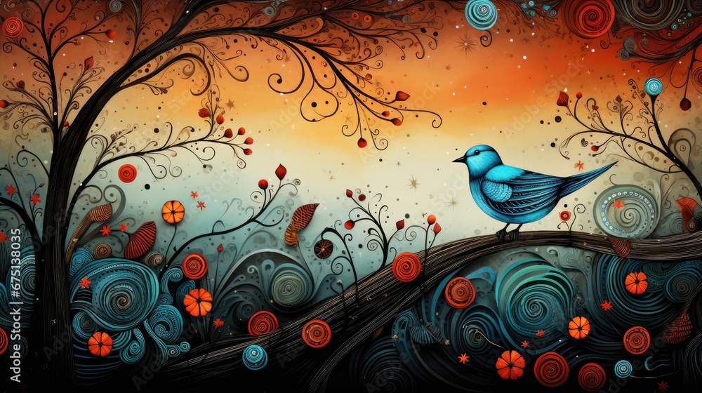 Obraz premium a painting of a blue bird sitting on a tree branch with swirls and swirls around the tree branches. generative ai