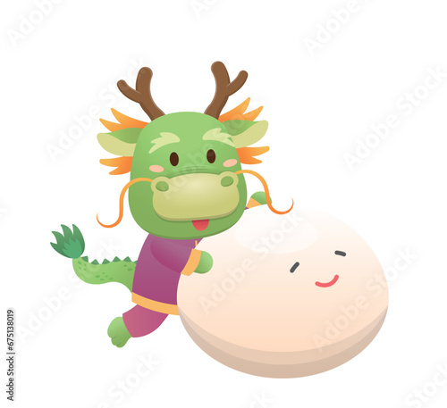 Cute and playful dragon character or mascot with glutinous rice balls for Lantern Festival or Winter Solstice, Asian sticky rice sweet food, vector cartoon style