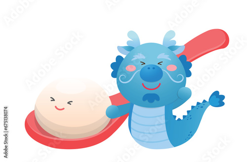 Cute dragon character or mascot, glutinous rice dumpling with glutinous rice balls for Lantern Festival or Winter Solstice, Asian sticky rice sweet food, vector cartoon style