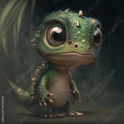 AI generated illustration of a green creature with big eyes and a tail © Wirestock