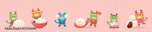 Set of cute dragon characters or mascots with glutinous rice balls for Lantern Festival or Winter Solstice, Asian sticky rice sweets with flavors and fillings, vector cartoon style