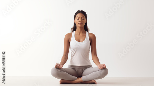 An Indian female yoga instructor looks to the left in a thinking pose
