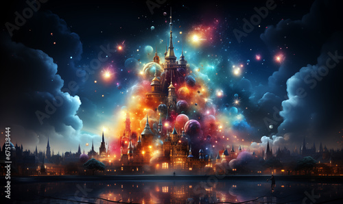 Magic Landscape with Magic Temple and Fireworks. 3D rendering.