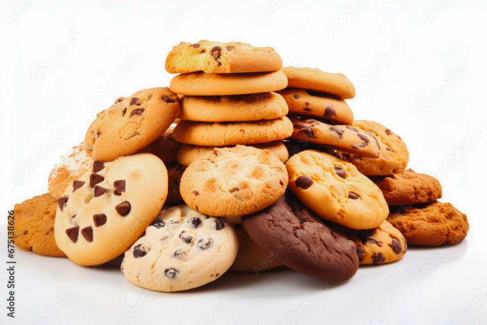 Many delicious cookies on white background. Chocolate and glazed decorated cookies. Freshly baked with love. Cookies for you.
