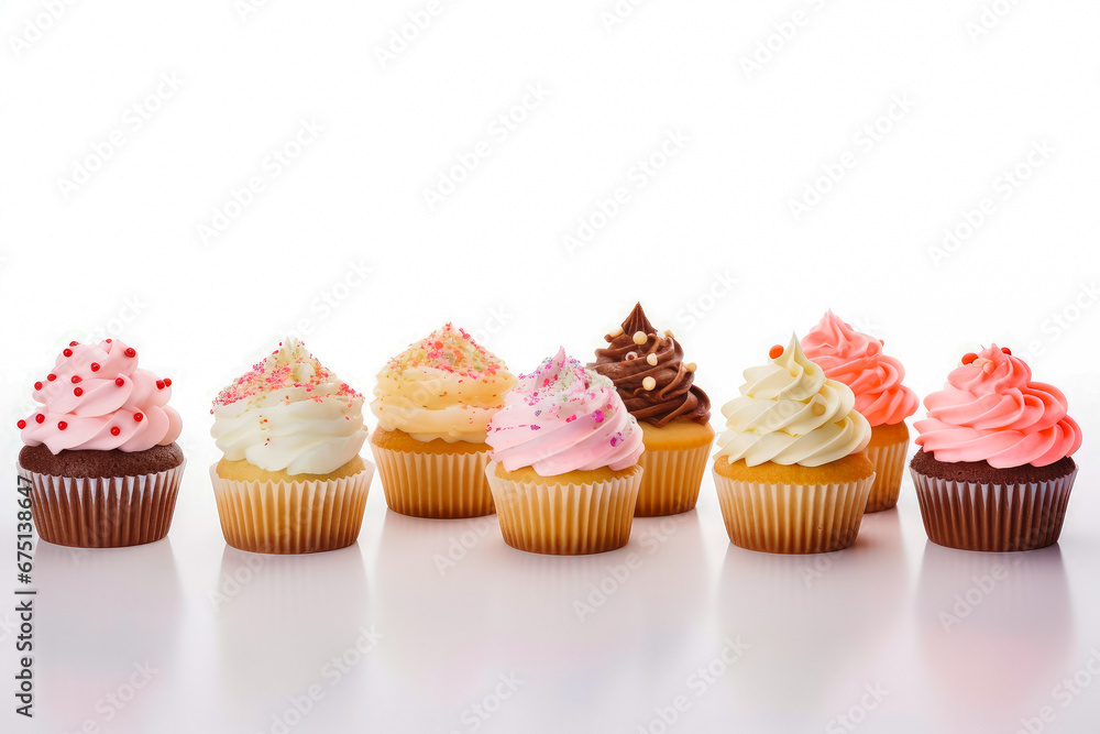 Many delicious cupcakes on white background. Chocolate and glazed decorated frosted cupcakes. Freshly baked with love. Cupcakes for you.