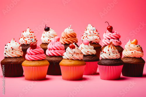 Many delicious cupcakes on pink background. Chocolate and glazed decorated frosted cupcakes. Freshly baked with love. Cupcakes for you.