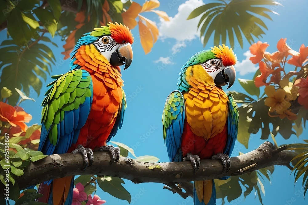 The parrots are colorful and realistic
