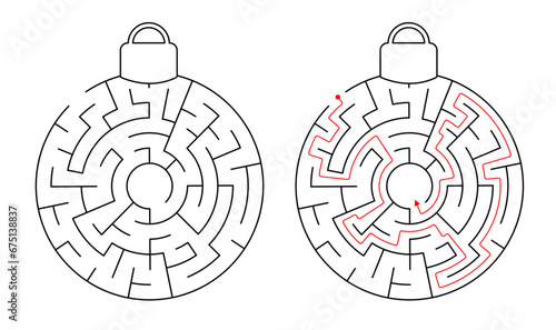Maze Christmas  ball. Labyrinth. Simple flat vector illustration isolated on white background