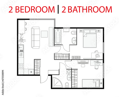 Plan floor apartment. Studio, condominium. Two bedroom layout floor plan. Interior design elements kitchen, bedroom, bathroom with furniture. Vector floorplan living room. Blueprint architectural plan